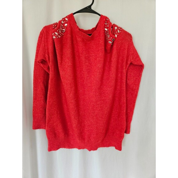 $59 Inc Concepts Womens Red Embellished Cold-Shoulder Wool Sweater Size L - Picture 1 of 9